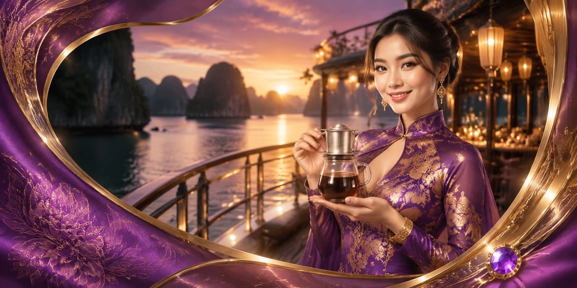 Khung cảnh vịnh Hạ Long kết hợp hình ảnh trải nghiệm casino và áo dài Việt Nam