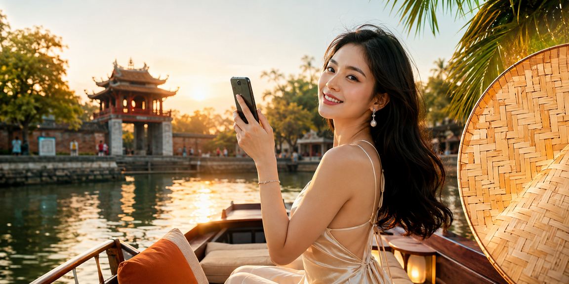 Cô gái đội nón lá Hà Nội thao tác trên điện thoại tại không gian casino hiện đại